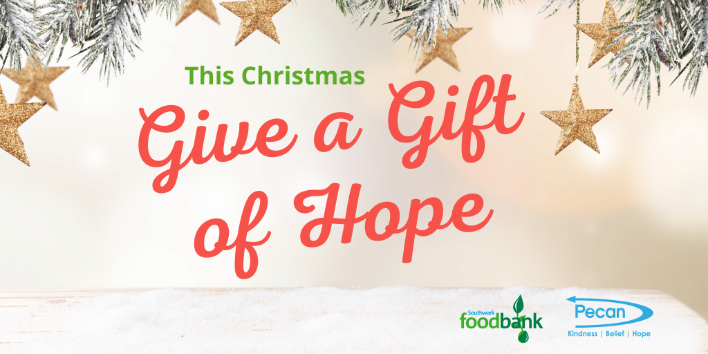 Christmas banner with stars and text This Christmas Give a Gift of Hope