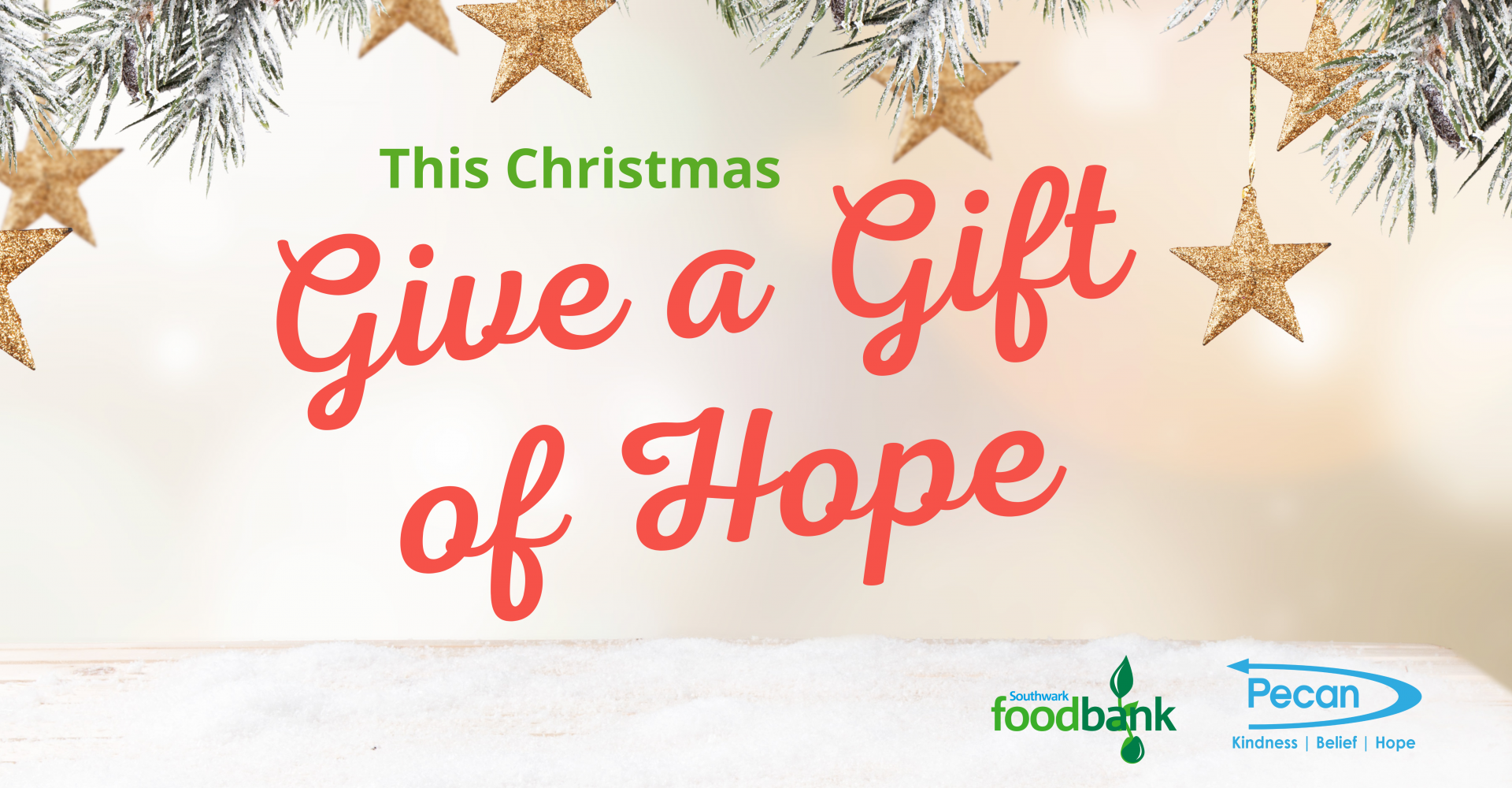 Christmas banner with stars and text This Christmas Give a Gift of Hope